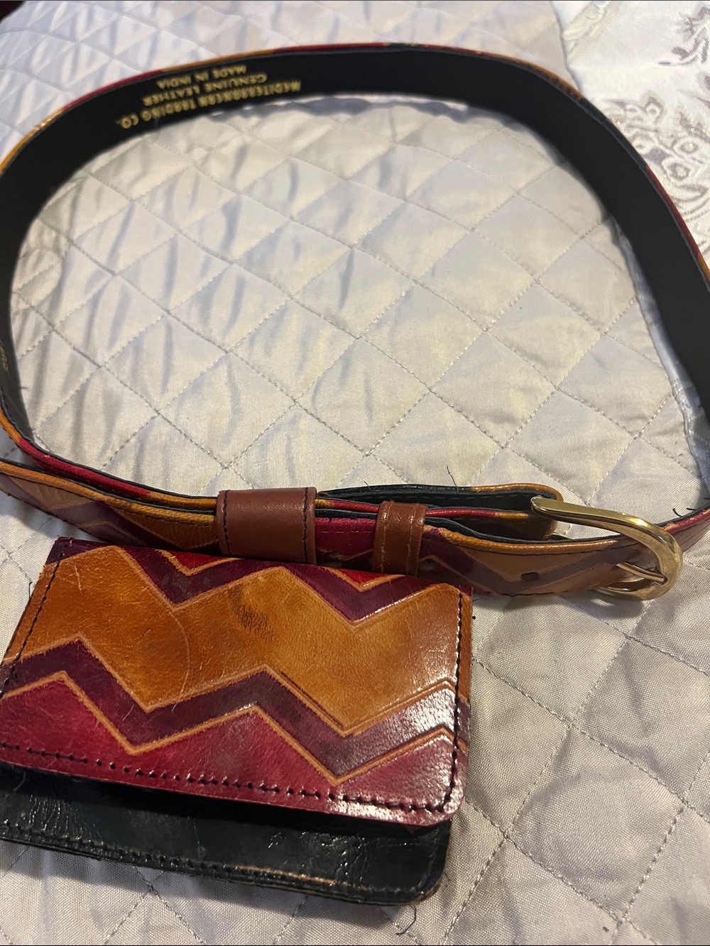 Chevron-Accent Leather Belt in Brown and Red. Mini wallet attached